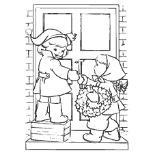 página para colorir: As crian&ccedil;as se preparam para pendurar uma grinalda de Natal na porta