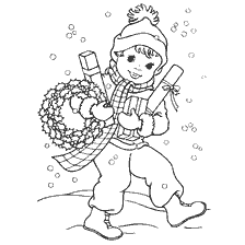 página para colorir: Um menino com presentes de Natal e uma grinalda