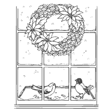 página para colorir: Colora&ccedil;&atilde;o de Natal com p&aacute;ssaros fora da janela e uma grinalda de Natal