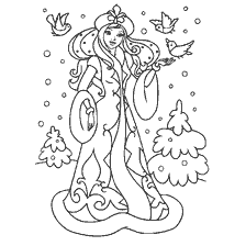 página para colorir: Donzela de neve na floresta de inverno com p&aacute;ssaros e &aacute;rvores