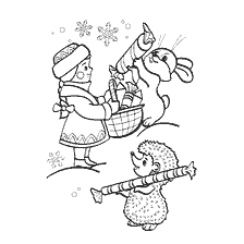 página para colorir: Colorindo a Donzela de Neve com uma lebre e um ouri&ccedil;o na floresta de inverno