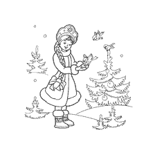 página para colorir: Uma donzela de neve est&aacute; com p&aacute;ssaros em seus bra&ccedil;os na floresta de inverno