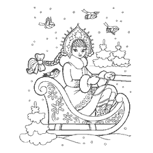 página para colorir: Colorindo a Donzela de Neve em um tren&oacute; com p&aacute;ssaros e &aacute;rvores