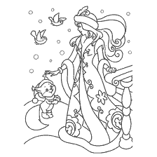 página para colorir: Uma donzela de neve com uma lebre e p&aacute;ssaros em um fundo de inverno