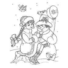 página para colorir: Donzela de neve e boneco de neve na colora&ccedil;&atilde;o de inverno