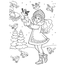 página para colorir: Donzela de neve brincando com p&aacute;ssaros na floresta de inverno