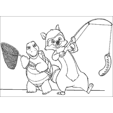coloring page: Characters from Forest Bratva - turtle and raccoon with fishing rod and sausage