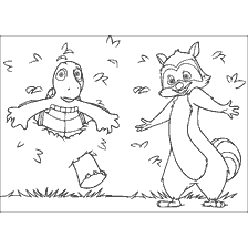 coloring page: Picture with the characters of the Forest Bratva: a turtle and a raccoon against the background of greenery.
