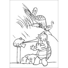 coloring page: Turtle watering lawn, with flamingos in the background