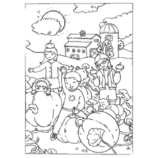 раскраска: Дети собирают тыквы на грядке осенью