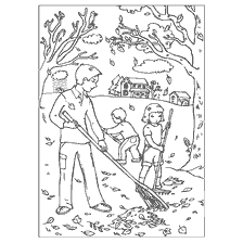 раскраска: Раскраска осенью: уборка опавших листьев