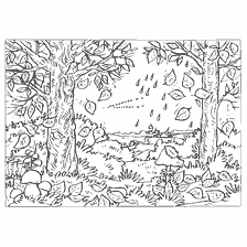 раскраска: Раскраска осенняя пора с деревьями и дождем