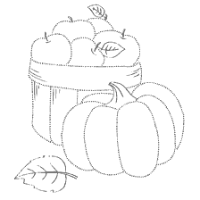 раскраска: Картинка для раскраски с яблоками в корзине и тыквой