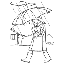 раскраска: Раскраска мальчика с зонтом под дождем