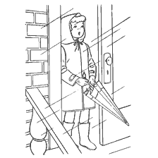 раскраска: Мальчик с зонтом стоит у двери в дождливый день