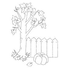 раскраска: Раскраска осень с деревом, забором и тыквой