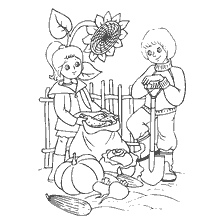 раскраска: Дети собирают урожай овощей в осеннем саду