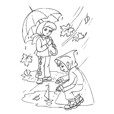 раскраска: Рисунок детей под дождем с корабликами на пруду