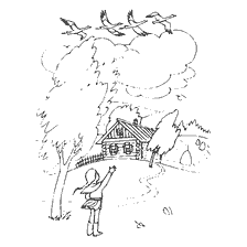 раскраска: Рисунок девочки, которая смотрит на улетающих птиц над домом в осеннем пейзаже