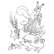 раскраска: Раскраска осень с белкой, мышонком и ежом, собирающими запасы на зиму