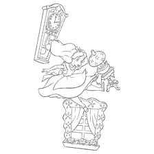 pagina da colorare: Alice cade in Wonderland con orologi e oggetti intorno