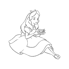 pagina da colorare: Alice da Wonderland siede con una tazza nelle sue mani in un semplice libro colorante