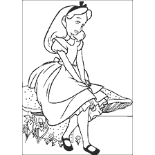pagina da colorare: Alice siede su un fungo e sorrisi, fiori intorno