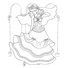 kleurplaat: Tekening van een bruid in een weelderige rok dansen in een kamer