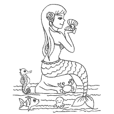 coloring page: Coloring a mermaid with pearls and sea inhabitants