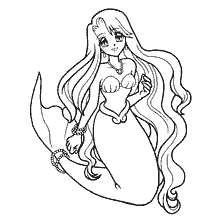 coloring page: A mermaid with long hair and tail is ready to paint