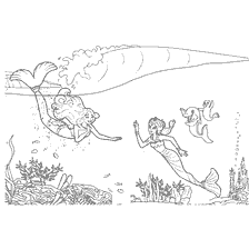 coloring page: Coloring picture of two mermaids swimming underwater with a dolphin and a seascape