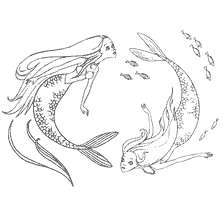 coloring page: Coloring picture of two mermaids and fish