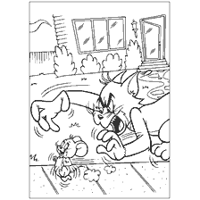 coloring page: Tom tries to catch Jerry in a circle of color with a picture of a house in the background