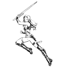 pagina da colorare: Gamora dai Guardiani della Galassia con una spada in una posizione di attacco di combattimento