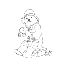 pagina da colorare: Paddington con un panino nel libro di colorazione di sfondo