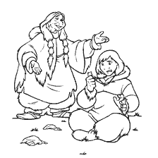 coloring page: The scene of the transfer of the totem from a shaman to a young warrior from the cartoon Brother Bear