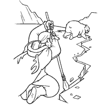 coloring page: Cartoon character with a spear on the edge of an ice crack, next to bears.