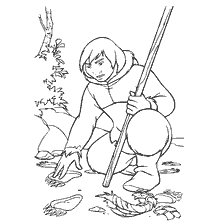 coloring page: Coloring with a character from Brother Bear exploring footprints on the ground.