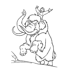 coloring page: Kenai riding a mammoth in a coloring book