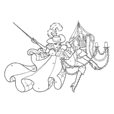 kleurplaat: Barbie Musketier Corinne in een pak, hangend aan een kroonluchter met een zwaard in haar hand.