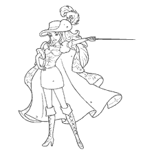 kleurplaat: Barbie Musketier in een hoed, mantel en met een zwaard.