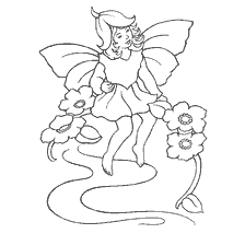kleurplaat: Silhouette van een kleine fee zittend op bloemen