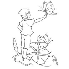 kleurplaat: Elf jongen houdt vlinder te midden van bloemen