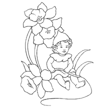 kleurplaat: Tekening van een baby elf tussen bloemen