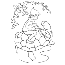 kleurplaat: Elfenjongen zit op een schildpad, met een kleine fee naast hem