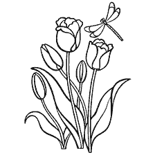 coloring page: Drawing of flowering tulips with a butterfly