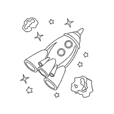 coloring page: Rocket in space with asteroids and stars