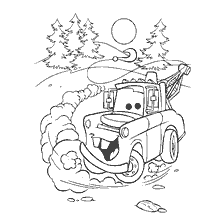 pagina da colorare: Colorante Mater of Cars che cavalca indietro sullo sfondo della foresta e il sole