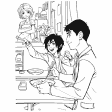 pagina da colorare: Hiro Hamada e Tadashi in un ristorante con Tet Cass sullo sfondo