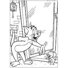 coloring page: Tom and Jerry meet at the door